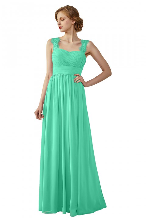 Pleated Long Chiffon Open Back Lace Strap Bridesmaid Dress