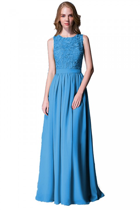 Lace Upper Bodice Illusion Scoop Neck Chiffon Bridesmaid Dress Sleeveless