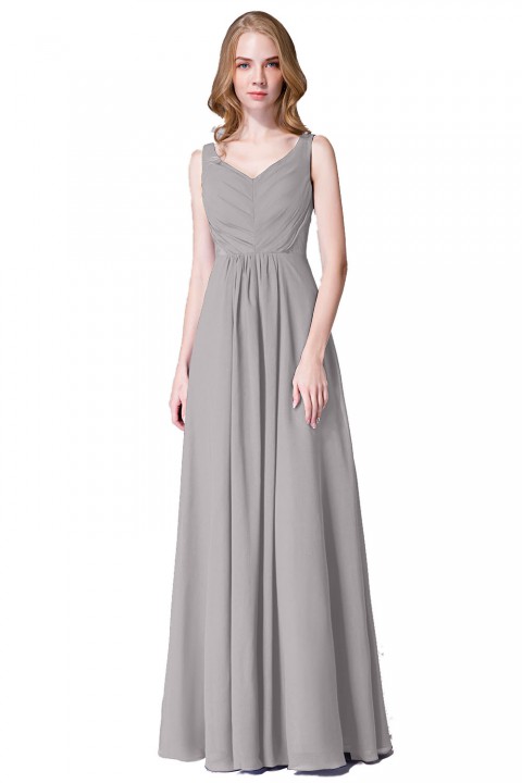 Elegant V-Back Chiffon Tank Bridesmaid Dress with Mesh Lace Inset