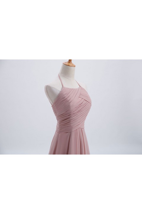 Elegant Halter Tea Length Pleated Chiffon Bridesmaid Dress with Tie Back