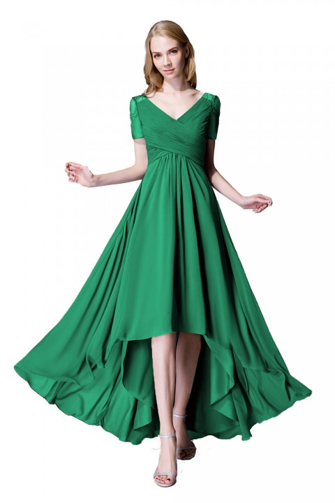 Criss Pleated V-neck High-low Chiffon Bridesmaid Dress with Illusion Sleeves