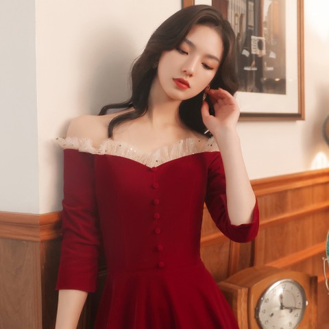 Burgundy Elegant Off Shoulder Sweetheart Ruffle Neck Vintage Velvet Party Dress