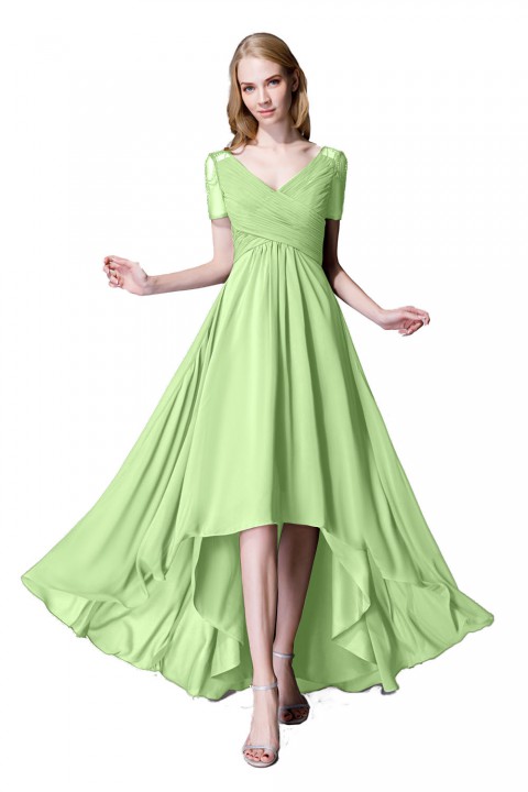 Criss Pleated V-neck High-low Chiffon Bridesmaid Dress with Illusion Sleeves