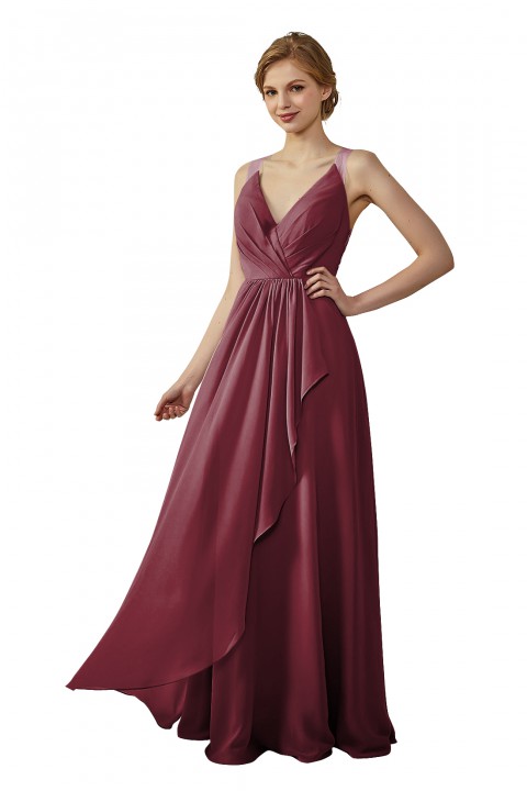 Lace Illusion Back Clousre Tulle Strap V-Neck Bridesmaid Dress with Ruffle