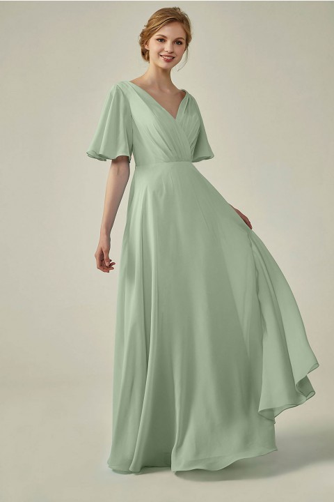 Casual V-Neck Flutter Sleeves Chiffon Ruched Bridesmaid Dress with Keyhole Back