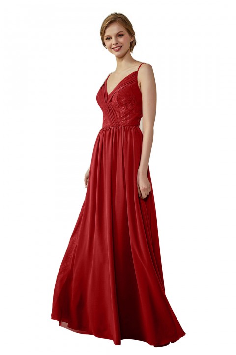 Double Spaghetti Straps Draped Lace Open-back Chiffon Bridesmaid Dress