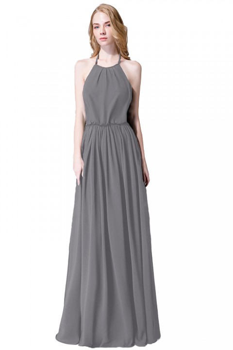 Halter Spaghetti Strap Open Back Chiffon Bridesmaid Dress with Sash