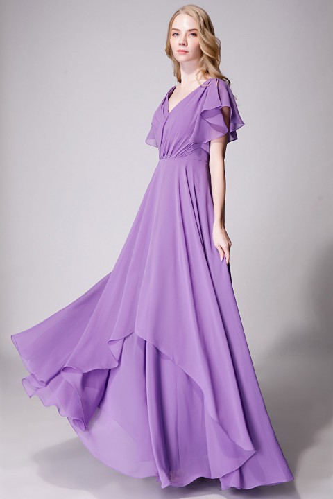 Flutter Sleeve Chiffon Ruched V Back Bridesmaid Dress Long