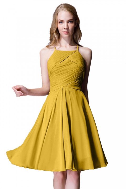 Elegant Halter Tea Length Pleated Chiffon Bridesmaid Dress with Tie Back