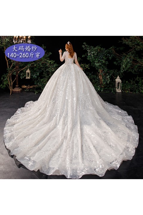 Plus Size 2021 Deep V-neck Short Sleeves Beaded Sequin Tulle Wedding Dress With Long Train