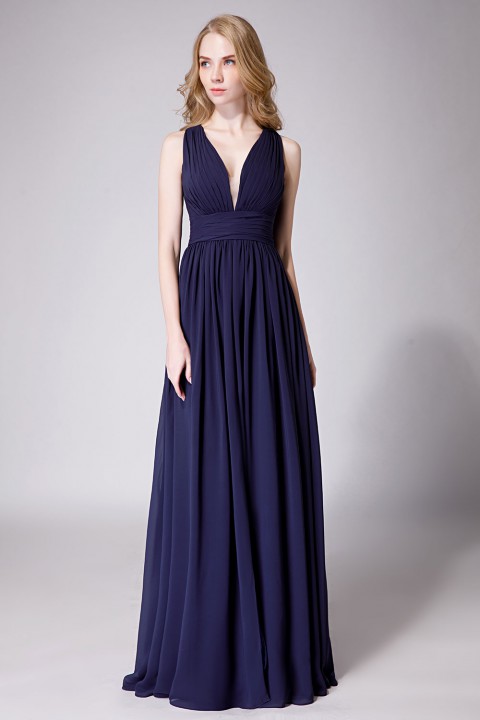 Sexy Deep V-Neck Plunging Silt Bridesmaid Dress with Keyhole Back