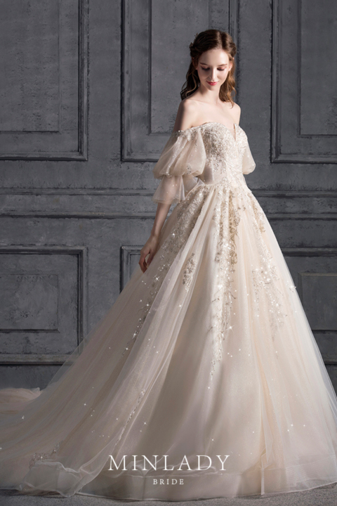 2021 New Dream Star Off-the-shoulder Vintage Straps Wedding Dress With Long Train