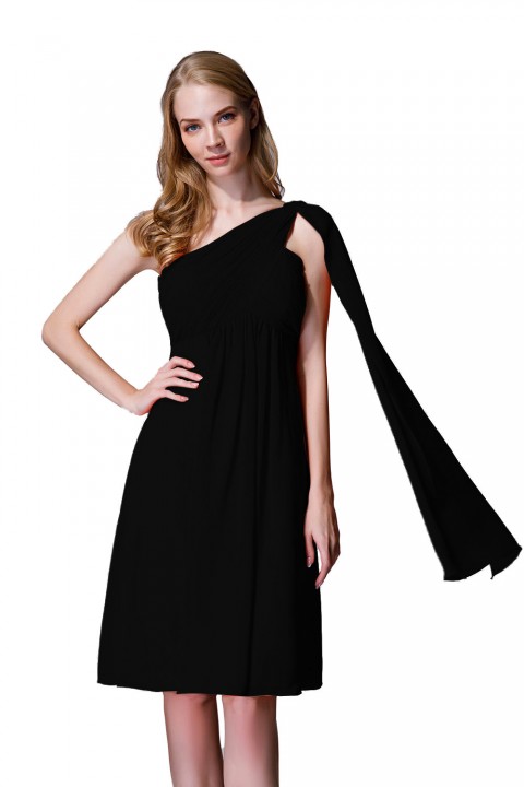 One-Shoulder Pleated Chiffon Short Bridesmaid Dress With Flowing Cape