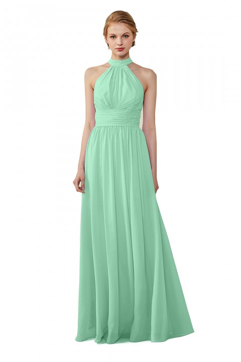 High Neck Chiffon Lace Triangle Back Halter Bridesmaid Dress