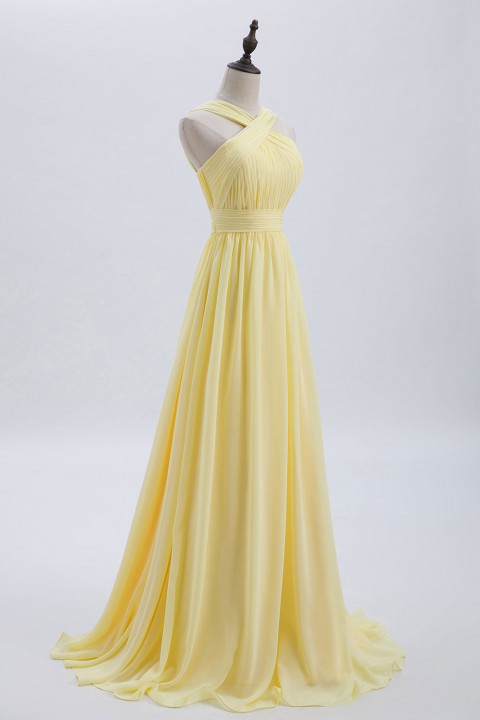 Criss-cross Halter Pleated Chiffon Bridesmaid Dress with Cross-straps Back