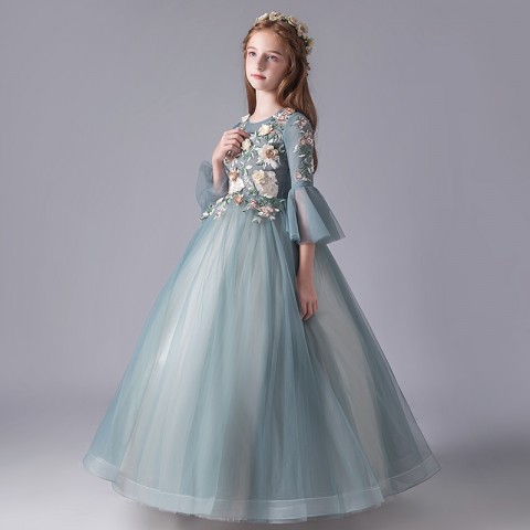 Light Green Round Neck Flowers Shape Embroidery Decor Tulle Skirt Girls Pageant Dresses