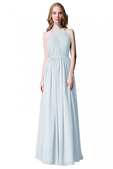 Pleated A-Line Halter Spaghetti-Straps Back Chiffon Bridesmaid Dress