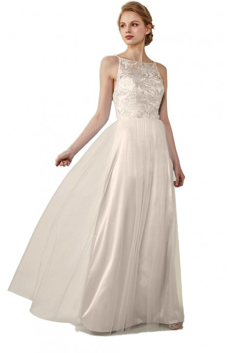 Tulle Lace Illusion Boatneck and Back Bridesmaid Dress with Keyhole 