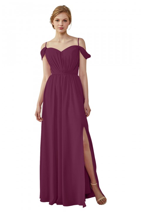 A-Line Cold Shoulder Spaghetti Straps Chiffon Bridesmaid Dress with Side Slit