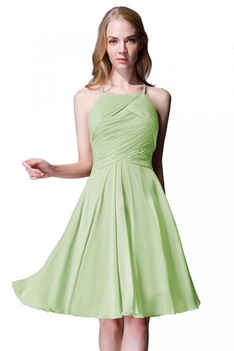 Elegant Halter Tea Length Pleated Chiffon Bridesmaid Dress with Tie Back