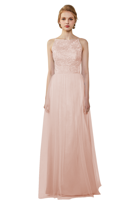 Tulle Lace Illusion Boatneck and Back Bridesmaid Dress with Keyhole 