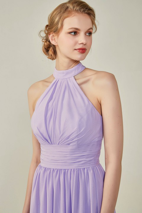 Clearance | Halter Neckline Chiffon Lace Back Halter Bridesmaid Dress with Sash