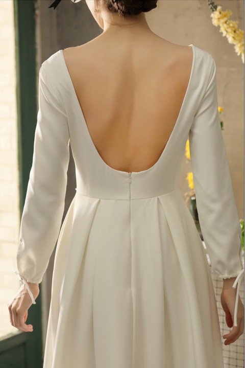 Long Sleeve Deep V Neck & Back Button Casual Satin Wedding Dress