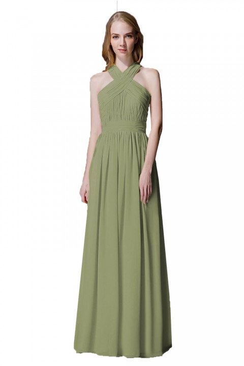 Criss-cross Halter Pleated Chiffon Bridesmaid Dress with Cross-straps Back