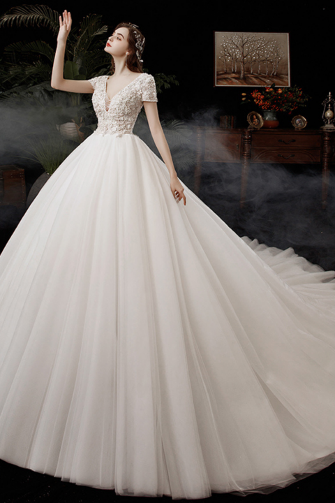 2021 New Sexy Deep V Neck Short Sleeves Beads Decor Tulle Wedding Dress With Long Train