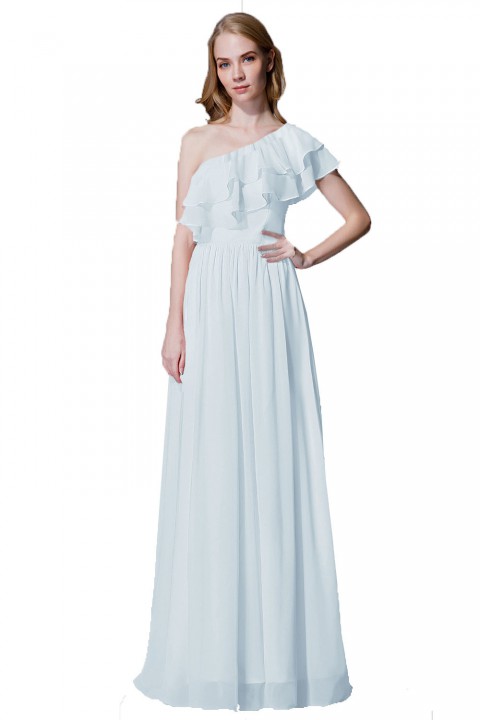 Asymmetrical One-Shoulder Flounce Chiffon Bridesmaid Dress Long