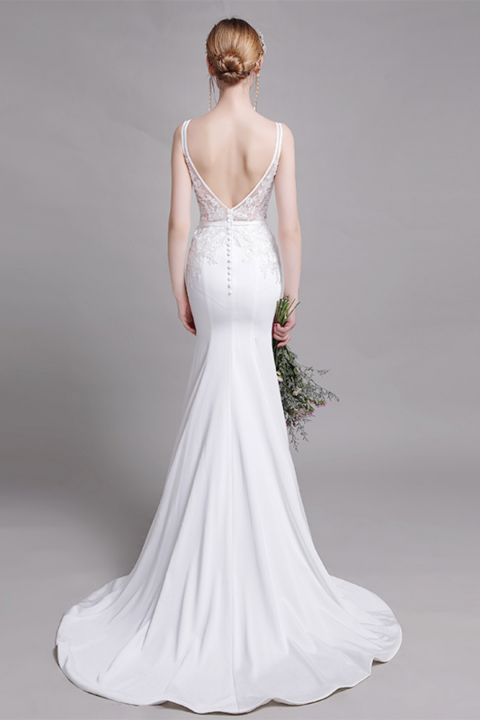 2021 New Fashion White Deep V Neck Mermaid Satin Wedding Dress With Small Train