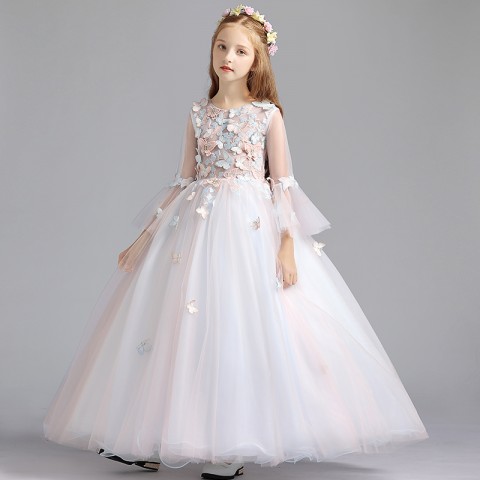 Round Neck Long Puff Sleeve Embroidery Butterflies Decor Tulle Skirt Girls Pageant Dresses