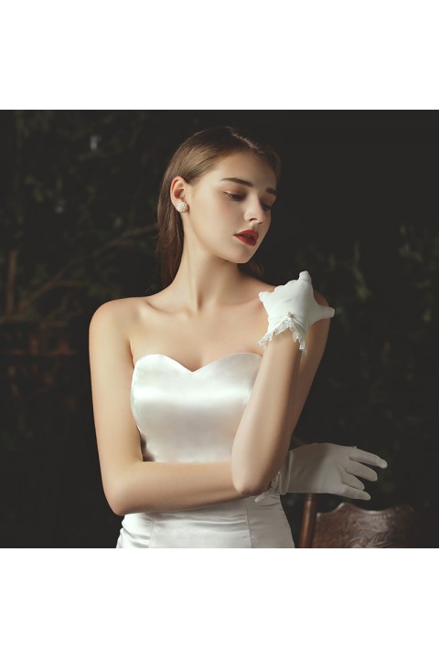 White Simple Lacework Wedding Bridal Satin Gloves