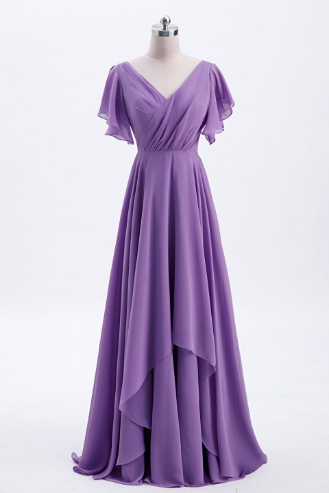 Flutter Sleeve Chiffon Ruched V Back Bridesmaid Dress Long