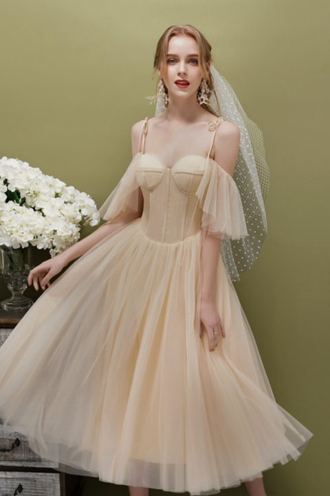 2021 New Champagne Sleeveless Spaghetti Straps Tulle Wedding Dress With Small Train