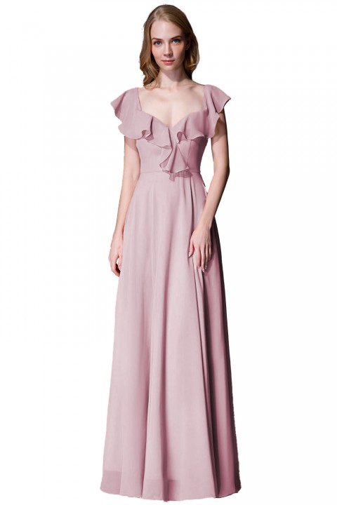 V Neck Cascading Ruffles Sleeve Bow Back Bridesmaid Dress 