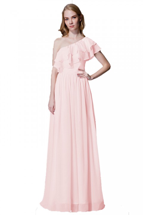 Asymmetrical One-Shoulder Flounce Chiffon Bridesmaid Dress Long