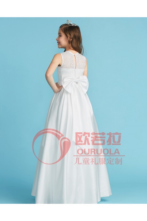Round Neck Sleeveless Bow Decor Satin Skirt Junior Bridesmaid Dresses