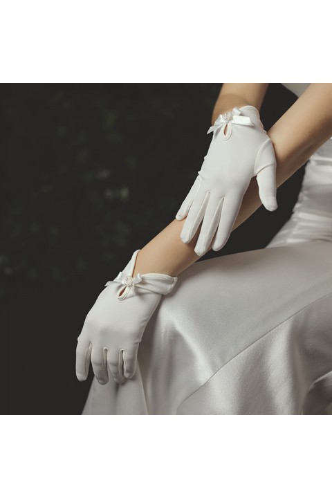 White Bow Decor Bright Wedding Bridal Satin Gloves