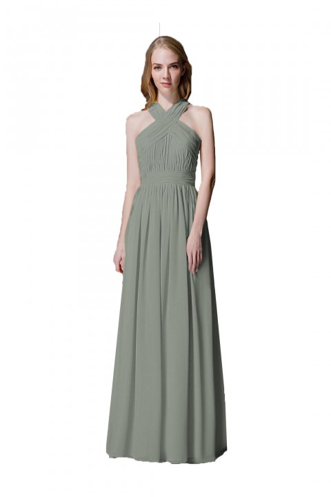 Criss-cross Halter Pleated Chiffon Bridesmaid Dress with Cross-straps Back