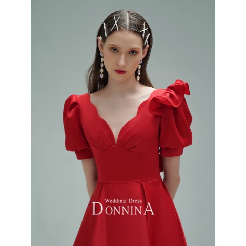 Red Deep V-neck Puff Sleeves Back Bow Decor Satin Party Dress