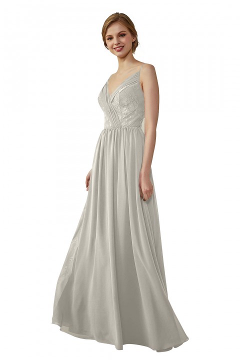 Double Spaghetti Straps Draped Lace Open-back Chiffon Bridesmaid Dress