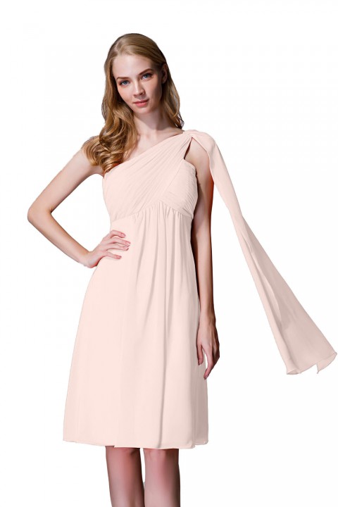 One-Shoulder Pleated Chiffon Short Bridesmaid Dress With Flowing Cape