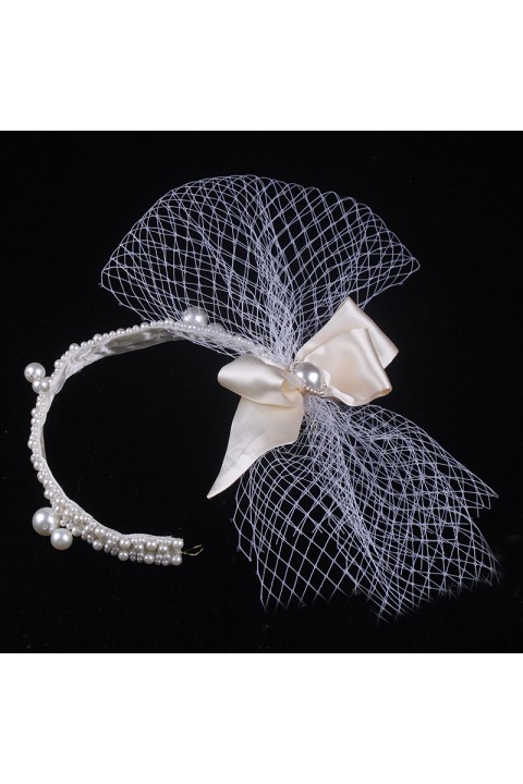 Handmade Pearl Satin Bow Mesh Veil Bridal Headband