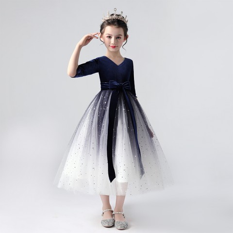 Simple Version Fashionable V Neck Soft Yarn Princess Tulle Skirt Flower Girl Dresses With Bow