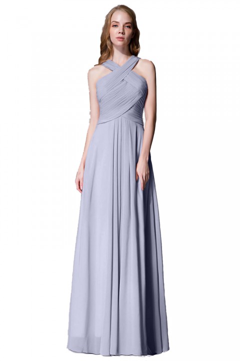 Chic Criss-cross Halter Pleated Chiffon Bridesmaid Dress Long