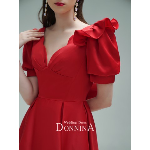 Red Deep V-neck Puff Sleeves Back Bow Decor Satin Party Dress