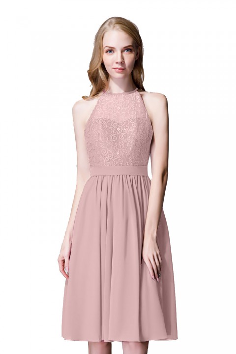 Illusion High Neck Halter Lace Short Bridesmaid Dress with Tie Detail