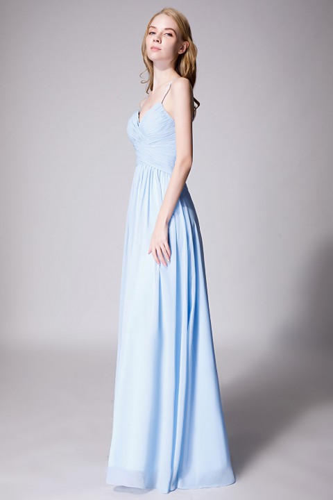 Spaghetti Straps Halter Neckline Front Cascade Bridesmaid Dress with Keyhole Back