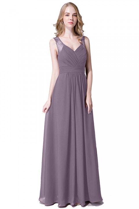 V Neck Illusion Lace Straps Keyhole Back Chiffon Ruched Bridesmaid Dress